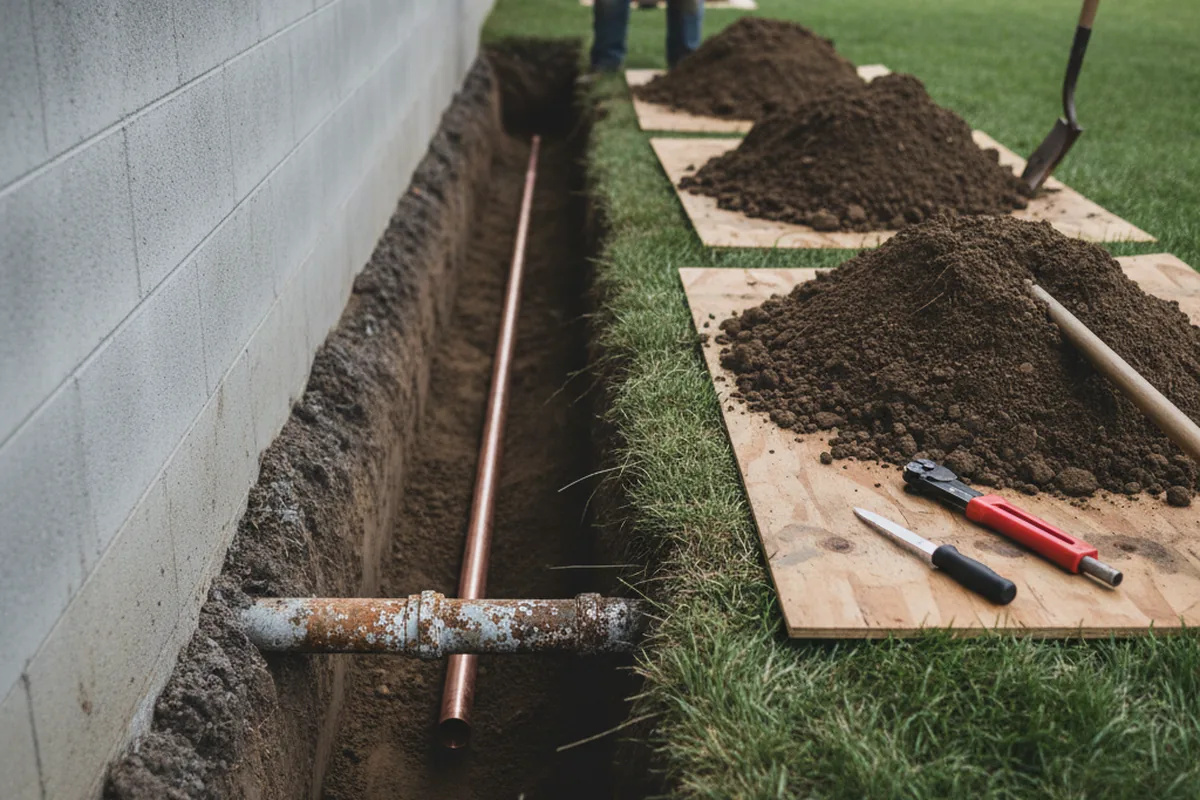 Excavated water line trench during Water Softener Installation in Bahama